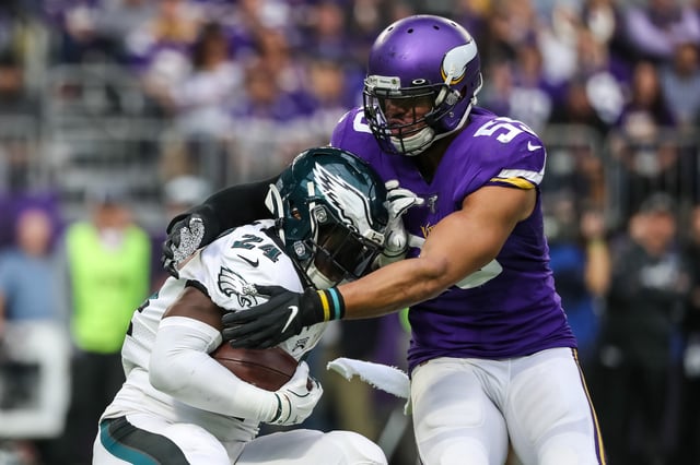 Oct 13, 2019; Minneapolis, MN, USA; Philadelphia Eagles running back Jordan Howard (24) is tackled by Minnesota Vikings linebacker Anthony Barr  (55) during the second quarter at U.S. Bank Stadium. Mandatory Credit: Brace Hemmelgarn-USA TODAY Sports/ File Photo