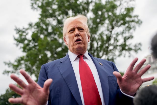 President Donald Trump speaks to members of the media on the South Lawn of the White House before boarding Marine One in Washington, D.C., on Aug. 1, 2025. 