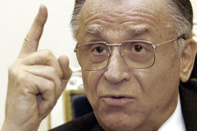 FILE - Romanian President Ion Iliescu speaks during an interview with the Associated Press in Bucharest Romania in this Nov. 9, 2004.(AP Photo/Vadim Ghirda, File)