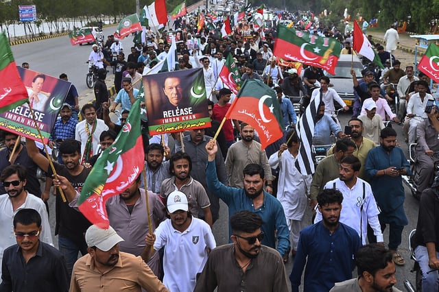 Supporters of Pakistan's imprisoned former Prime Minister Imran Khan's party take part in a rally in Hyderabad, Pakistan, Tuesday, Aug. 5, 2025, demanding his release and marking second anniversary of Khan's arrest. (AP Photo/Pervez Masih)