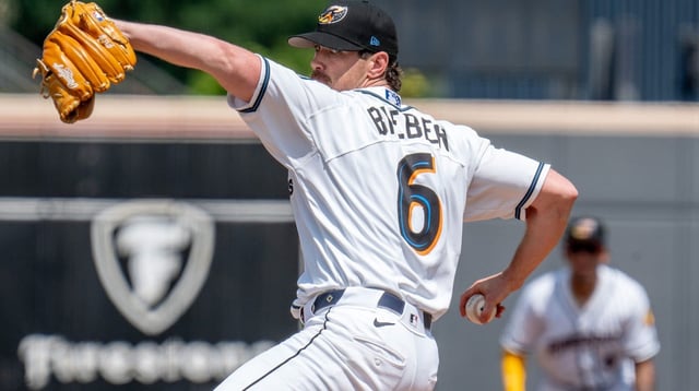 Guardians starting pitcher Shane Bieber makes a rehab start for the Akron RubberDucks, Tuesday, July 29, at Canal Park. © Lisa Scalfaro / USA TODAY NETWORK via Imagn Images