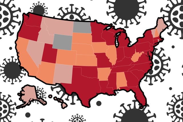 A map graphic of the United States showing the states where COVID-19 infections are &#34;growing or likely growing,&#34; according to the latest data from the U.S. Centers for Disease Control and Prevention.