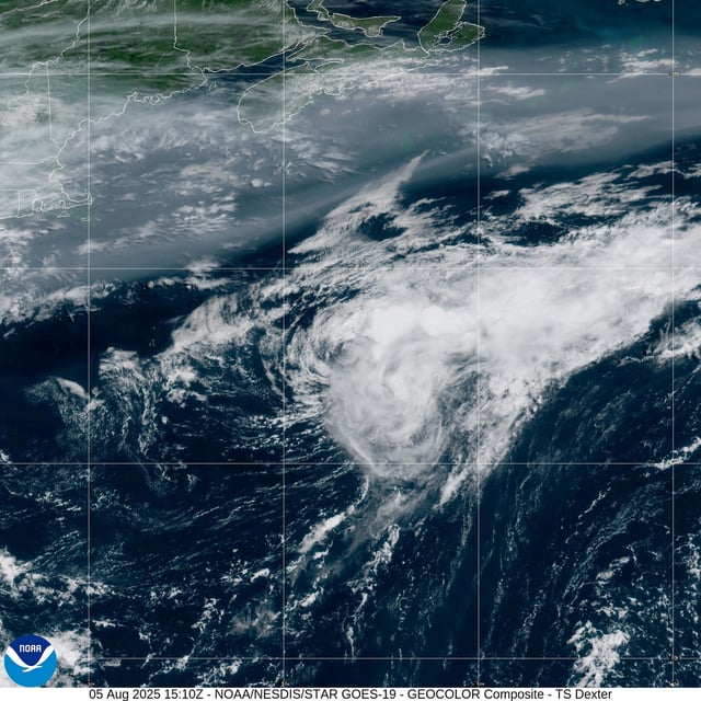 Tropical Storm Dexter is seen in this weather satellite photo taken Tuesday, churning across the Atlantic, hundreds of miles north of Bermuda. Tropical storm-force winds extend out 115 miles from the center of Dexter&#39;s circulation.