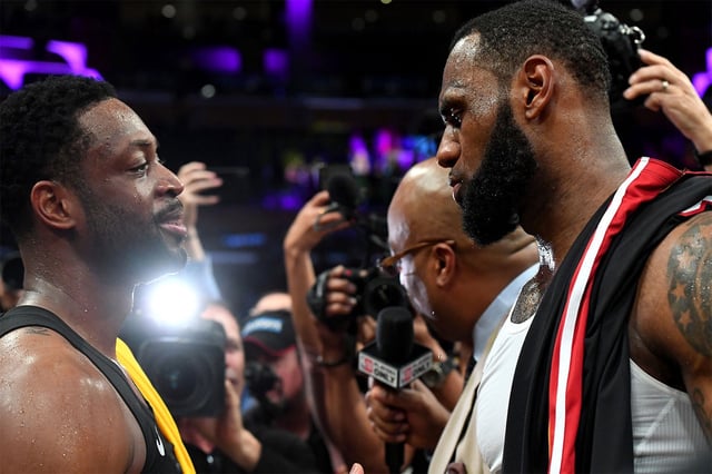 Dec 10, 2018; Los Angeles, CA, USA; Miami Heat guard Dwyane Wade (3) and Los Angeles Lakers forward LeBron James (23) embrace after the game at Staples Center.