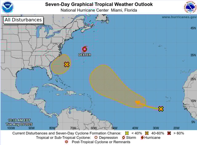 A map from the National Hurricane Center shows meteorologists monitoring three disturbances, including one tropical storm, in the Atlantic Ocean.