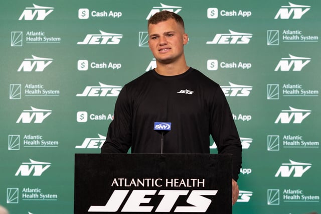 May 9, 2025; Florham Park, NJ, USA; New York Jets rookie tight end Mason Taylor (46) takes questions from the media during the minicamp at Atlantic Health Jets Training Center. Mandatory Credit: Thomas Salus-Imagn Images/File Photo