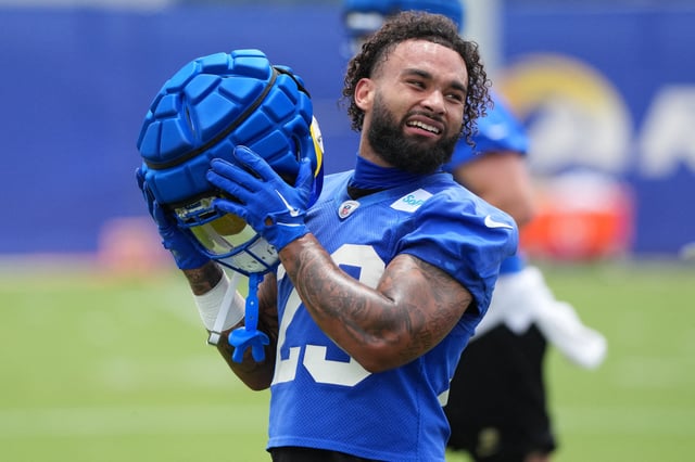 May 28, 2025; Woodland Hills, CA, USA; Los Angeles Rams running back Kyren Williams (23) takes a break during organized team activities at Rams Practice Facility. Mandatory Credit: Kirby Lee-Imagn Images/File Photo