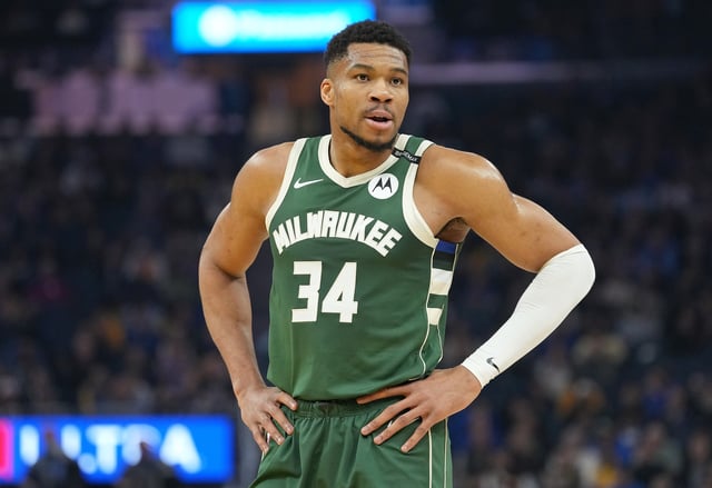 Giannis Antetokounmpo #34 of the Milwaukee Bucks looks on against the Golden State Warriors during the first half of an NBA basketball game at Chase Center on March 18, 2025 in San Francisco, California.