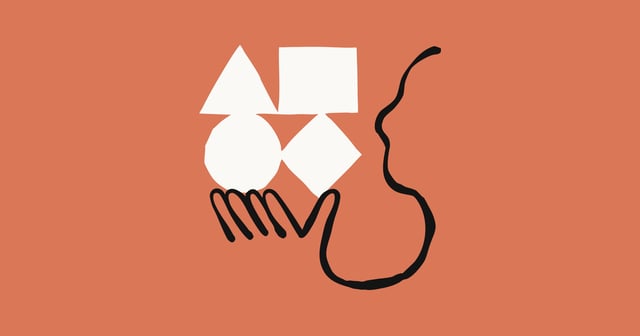 Geometric profile of hand and head with overlapping abstract shapes and silhouettes