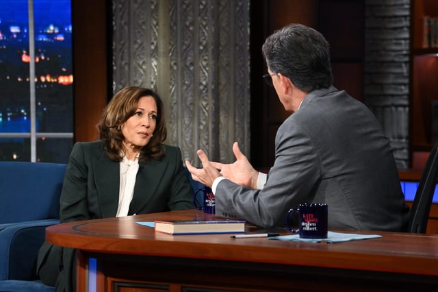 The Late Show with Stephen Colbert and guest Vice President Kamala Harris during Thursday&#39;s July 31, 2025 show.