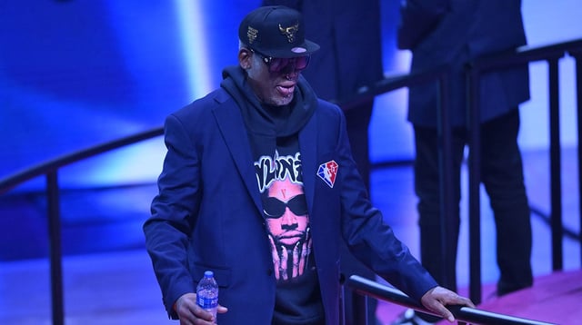 Feb 20, 2022; Cleveland, Ohio, USA; Dennis Rodman is honored during halftime during the 2022 NBA All-Star Game at Rocket Mortgage FieldHouse. Mandatory Credit: David Richard-Imagn Images