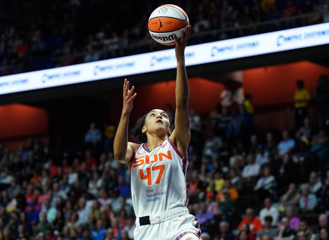 Aug 3, 2025; Uncasville, Connecticut, USA; Connecticut Sun guard Leila Lacan (47) drives the ball to the basket against the New York Liberty in the first half at Mohegan Sun Arena. Mandatory Credit: David Butler II-Imagn Images