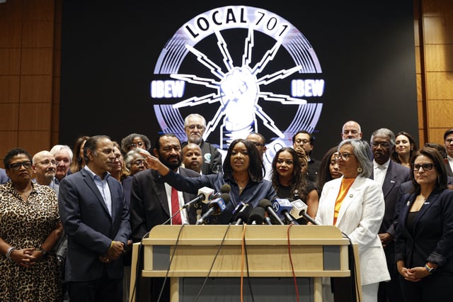 Texas Representative Jasmine Crockett speaks in front of Democratic members of Congress and Texas House Democrats during a news conference, after they left their state to deny Republicans the quorum needed to redraw the state&#39;s 38 congressional districts, at IBEW Local Union 701 on August 4, 2025 in Warrenville, Illinois.