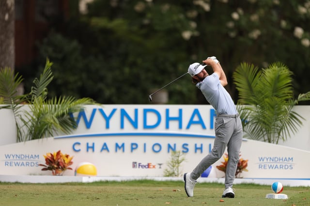 Aug 3, 2025; Greensboro, North Carolina, USA; Cameron Young hits off the 9th tee box during the final round of the Wyndham Championship golf tournament. Mandatory Credit: Allison Lawhon-Imagn Images