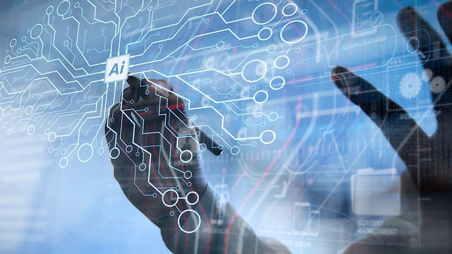 Hands working with AI data on a virtual dashboard.