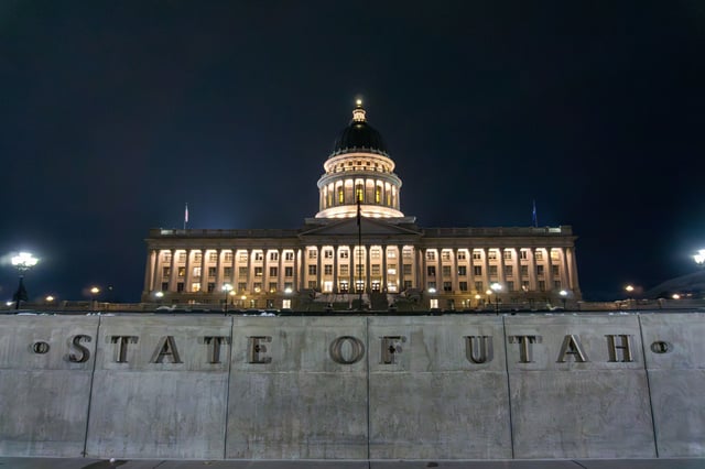 The Utah State Capitol illuminated at night, in Salt Lake City, United States, November 20, 202.