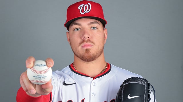Feb 21, 2025; West Palm Beach, FL, USA; Washington Nationals starting pitcher Cade Cavalli (24) poses for a photo during picture day at CACTI Park of the Palm Beaches. Mandatory Credit: Sam Navarro-Imagn Images