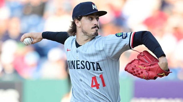 Aug 1, 2025; Cleveland, Ohio, USA; Minnesota Twins starting pitcher Joe Ryan (41) throws a pitch during the first inning against the Cleveland Guardians at Progressive Field. Mandatory Credit: Ken Blaze-Imagn Images