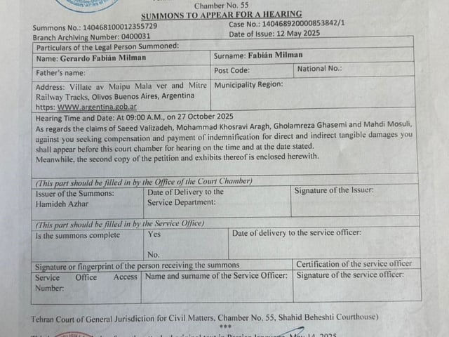 La demanda citación y demanda judicial que recibió el diputado Gerardo Milman de los tripulantes iraníes del avión Emtrasur Cargo.