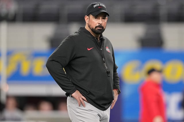 Head coach Ryan Day of the Ohio State Buckeyes looks on prior to a game against the Missouri Tigers during the Goodyear Cotton Bowl at AT&amp;T Stadium on December 29, 2023 in Arlington, Texas.