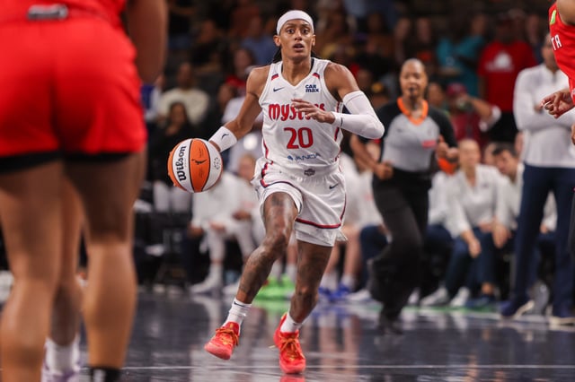 Aug 3, 2025; College Park, Georgia, USA; Washington Mystics guard Brittney Sykes (20) dribbles against the Atlanta Dream in the first quarter at Gateway Center Arena at College Park. Mandatory Credit: Brett Davis-Imagn Images