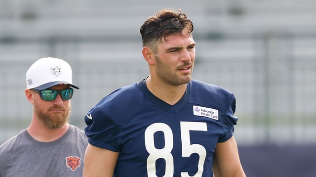 Jul 24, 2025; Lake Forest, IL, USA; Chicago Bears tight end Cole Kmet (85) looks on during training camp at Halas Hall. Mandatory Credit: Kamil Krzaczynski-Imagn Images