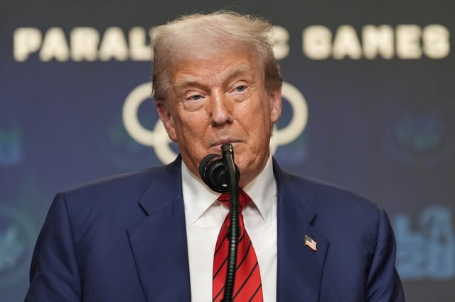President Donald Trump speaks before signing an executive order about the 2028 Los Angeles Olympic Games, in the South Court Auditorium of the Eisenhower Executive Office Building on the White House campus, Tuesday, Aug. 5, 2025, in Washington.