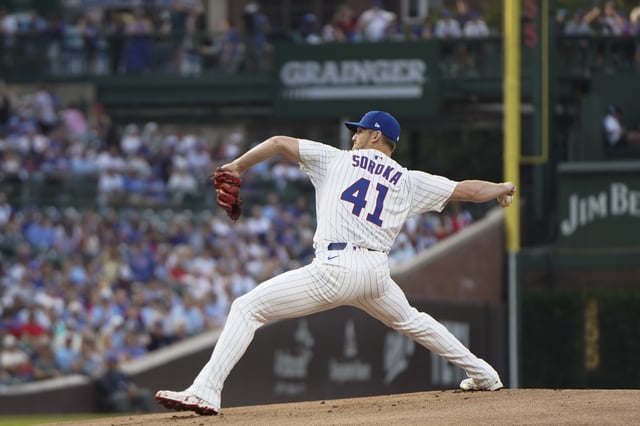 CHICAGO, IL – AUGUST 04: Michael Soroka #41 of the Chicago Cubs pitches during the game between the Cincinnati Reds and the Chicago Cubs at Wrigley Field on Monday, August 4, 2025 in Chicago, Illinois. (Photo by Nick Loggarakis/MLB Photos via Getty Images)