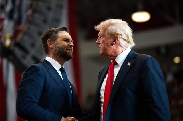 ST CLOUD, MINNESOTA - JULY 27: Republican vice presidential nominee U.S. Sen. J.D. Vance (R-OH) introduces U.S. Republican Presidential nominee former President Donald Trump during a rally at Herb Brooks National Hockey Center on July 27, 2024 in St Cloud, Minnesota. Trump hopes to flip the state of Minnesota this November, which hasn't been carried by a Republican in a presidential election since 1972. (Photo by Stephen Maturen/Getty Images)