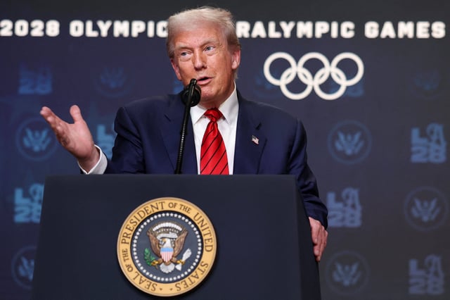 President Donald Trump delivers remarks after signing an executive order on Aug. 5, 2025 to create a White House Olympics task force to handle security and other issues related to the LA 2028 summer Olympic games.