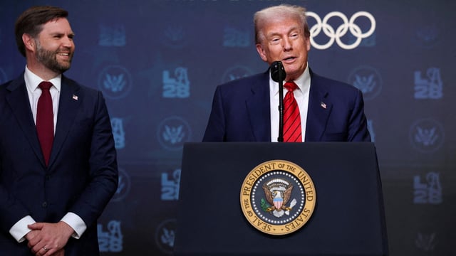 U.S. President Donald Trump and Vice President JD Vance in the South Court Auditorium on the White House campus in Washington, D.C., U.S., August 5, 2025.