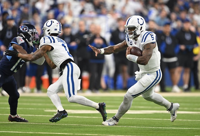 Dec 22, 2024; Indianapolis, Indiana, USA; Indianapolis Colts quarterback Anthony Richardson (5) runs the ball during the second quarter against the Tennessee Titans at Lucas Oil Stadium. Mandatory Credit: Marc Lebryk-Imagn Images/File Photo