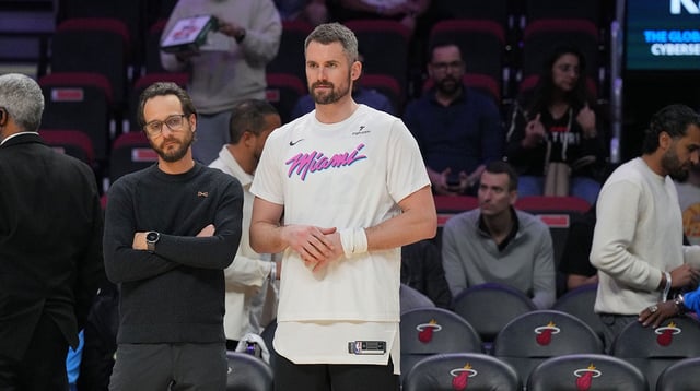 Jan 29, 2025; Miami, Florida, USA; Miami Heat forward Kevin Love (42) looks on during warm-ups before the game against the Cleveland Cavaliers at Kaseya Center. Mandatory Credit: Jim Rassol-Imagn Images