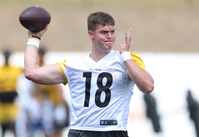 Jul 24, 2025; Latrobe, PA, USA;  Pittsburgh Steelers quarterback Will Howard (18) participates in drills during training camp at Saint Vincent College. Mandatory Credit: Charles LeClaire-Imagn Images/File Photo