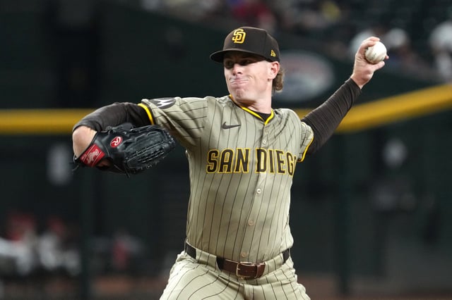 Aug 4, 2025; Phoenix, Arizona, USA; San Diego Padres pitcher JP Sears (38) throws against the Arizona Diamondbacks in the first inning at Chase Field. Mandatory Credit: Rick Scuteri-Imagn Images
