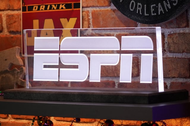 Feb 5, 2025; New Orleans, LA, USA; The ESPN logo at the Super Bowl LIX media center at the Ernest N. Morial Convention Center. Kirby Lee-Imagn Images/File Photo