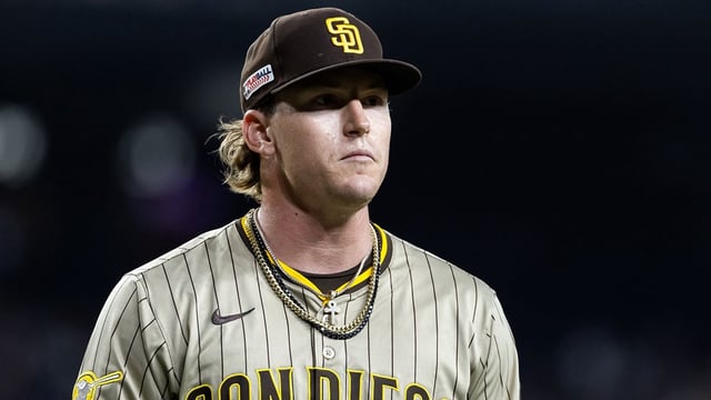 Jun 13, 2025; Phoenix, Arizona, USA; San Diego Padres pitcher Sean Reynolds against the Arizona Diamondbacks at Chase Field. Mandatory Credit: Mark J. Rebilas-Imagn Images.