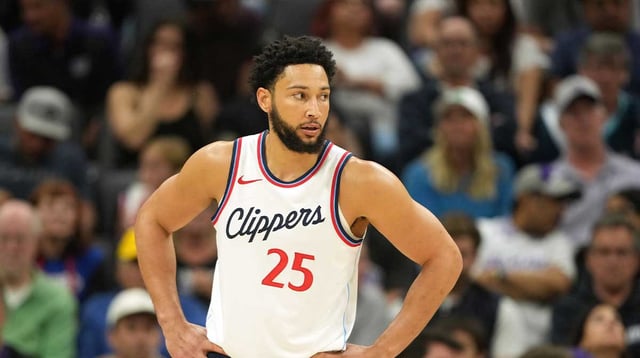 Apr 11, 2025; Sacramento, California, USA; Los Angeles Clippers guard Ben Simmons (25) during the third quarter against the Sacramento Kings at Golden 1 Center. Mandatory Credit: Darren Yamashita-Imagn Images