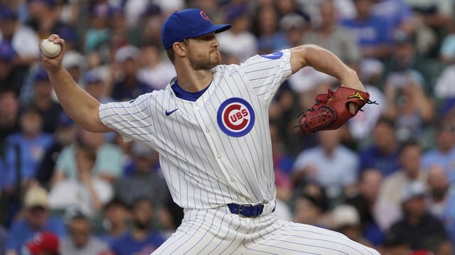Aug 4, 2025; Chicago, Illinois, USA; Chicago Cubs pitcher Michael Soroka (41) throws the ball against the Cincinnati Reds during the first inning at Wrigley Field. Mandatory Credit: David Banks-Imagn Images