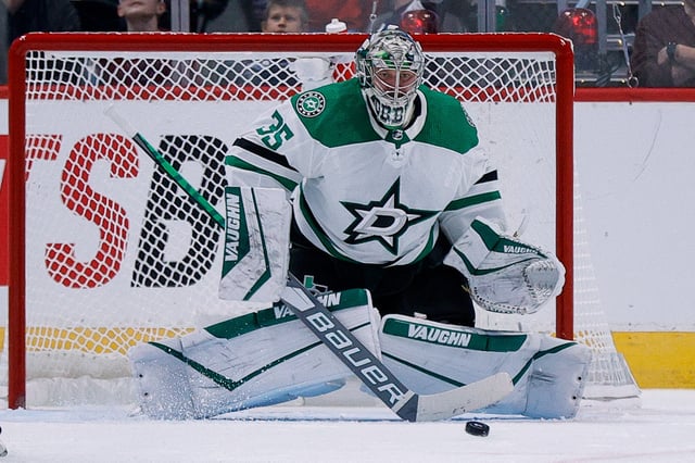 Oct 5, 2022; Denver, Colorado, USA; Dallas Stars goaltender Anton Khudobin (35) in the third period against the Colorado Avalanche at Ball Arena. Mandatory Credit: Isaiah J. Downing-USA TODAY Sports/File Photo