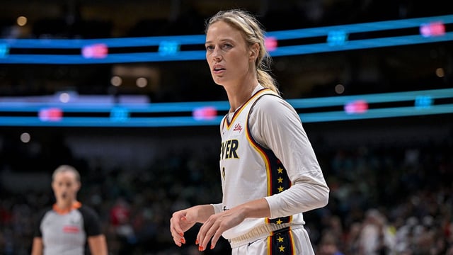 Aug 1, 2025; Dallas, Texas, USA; Indiana Fever guard Sophie Cunningham (8) in action during the game between the Dallas Wings and the Indiana Fever at the American Airlines Center. Mandatory Credit: Jerome Miron-Imagn Images