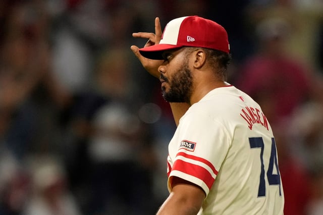 Angels relief pitcher Kenley Jansen gestures after the final out of their 8-5 victory over the Texas Rangers on Tuesday, July 29, 2025, at Angel Stadium. (AP Photo/Mark J. Terrill)