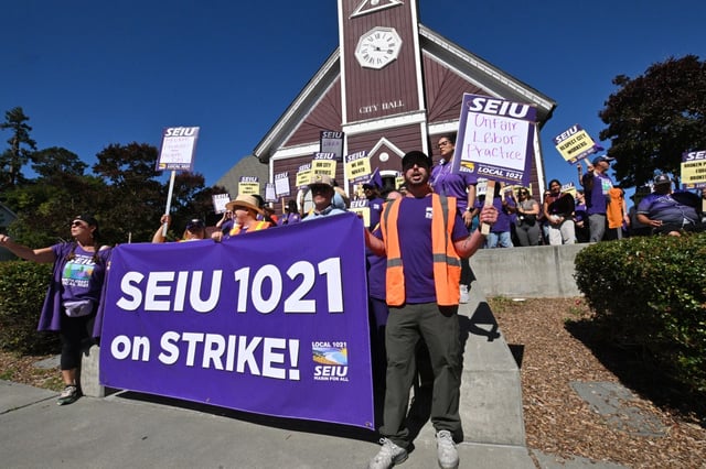 Novato workers represented by Service Employees International Union Local 1021 rally outside City Hall during a strike on Tuesday, Aug. 5, 2025. (Sherry LaVars/Marin Independent Journal)