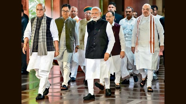 Prime Minister Narendra Modi with Union ministers Rajnath Singh, Amit Shah, JP Nadda and others leaves after attending the National Democratic Alliance (NDA) parliamentary party meeting, in New Delhi. (PTI)