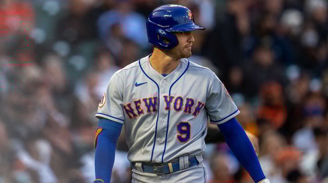 Aug 17, 2021; San Francisco, California, USA; New York Mets center fielder Brandon Nimmo (9) reacts after being called out on strikes to end the third inning against the San Francisco Giants at Oracle Park. Mandatory Credit: Neville E. Guard-Imagn Images.