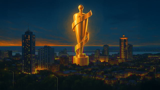 Golden JUNO Award trophy with Hamilton city skyline in the background, representing the 2026 JUNO Awards updates to Rap and Latin music categories.