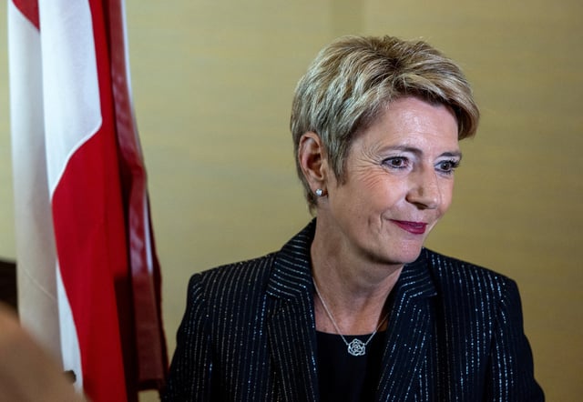 Swiss President Karin Keller-Sutter talks to the medias after a news conference, after meeting in separate bilateral meetings with Chinese and U.S. delegations ahead of trade talks in Geneva, Switzerland, May 9, 2025. REUTERS/Denis Balibouse/File Photo