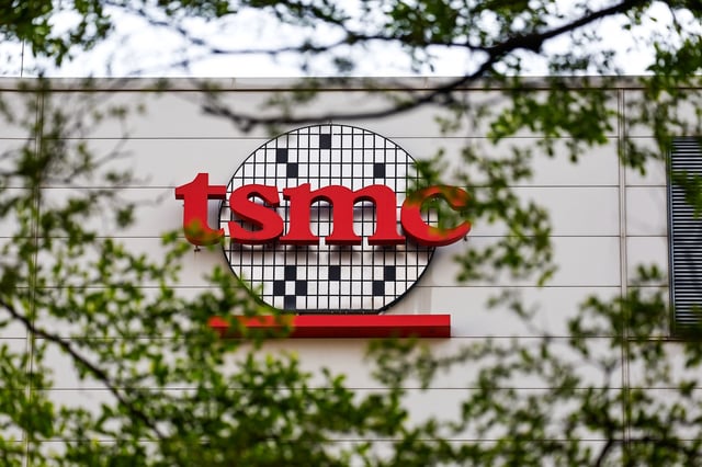 The logo of Taiwan Semiconductor Manufacturing Company (TSMC), which is a Taiwanese multinational semiconductor contract manufacturing and design company, in Hsinchu, Taiwan, on April 16, 2025.