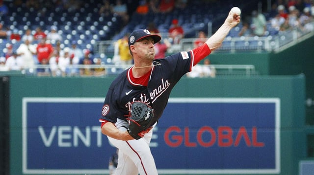 Jul 20, 2025; Washington, District of Columbia, USA; Washington Nationals starting pitcher MacKenzie Gore (1) pitches against the San Diego Padres during the first inning at Nationals Park. Mandatory Credit: Geoff Burke-Imagn Images