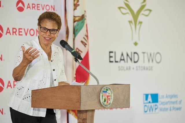 LA Mayor Karen Bass speaks at the project's inauguration.